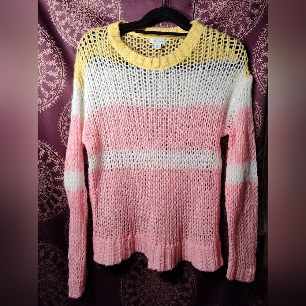 EUC Sundance Pink, Yellow, & White Striped Sweater
